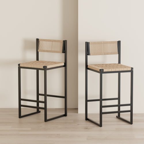Kitchen Bar Stools with Footrest Set of 2 Paper Rope Weave Dining Chairs Counter Height Barstool (Style B Black & Honey)