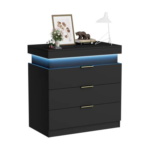 Nightstand with Charging Station and LED Lights,Night Stand with Sliding Top for Bedroom,Bedside Table with Drawers,Modern End Side Table,Black.28.8''W x 17''D x 30.5''H.