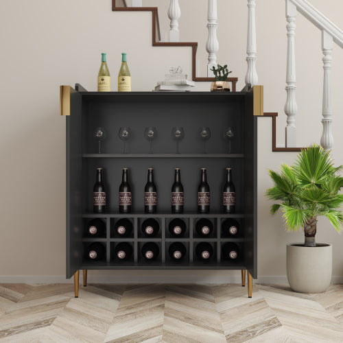 2 doors home wine bar cabinet with wine rack & adjustable storage shelf, modern sideboard with soft-closing hinge, dinning room buffet cabinet, Liquor Cabinet kitchen, living room coffee cart BLACK