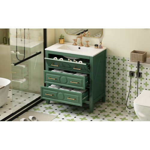 30'' Bathroom Vanity with Ceramic Sink Combo, Free Standing Single Vanity Set with 3 Drawers, Solid Wood Frame Bathroom Storage Cabinet, Green