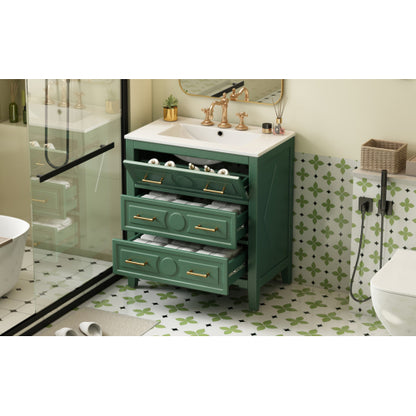 30'' Bathroom Vanity with Ceramic Sink Combo, Free Standing Single Vanity Set with 3 Drawers, Solid Wood Frame Bathroom Storage Cabinet, Green