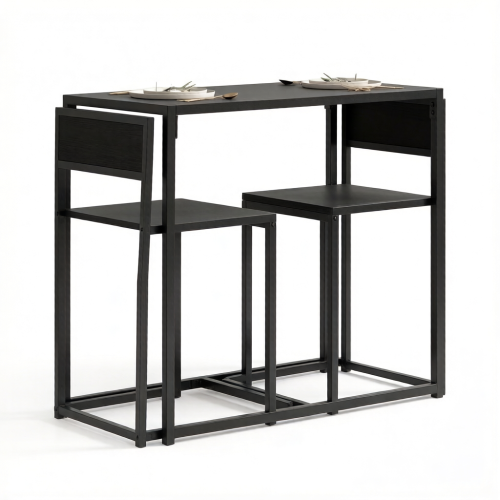 3-Piece Black Modern Dining Set, MDF & Galvanized Steel Table with 2 Low-Back Bar Stools