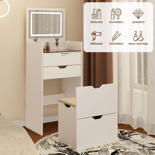 3-in-1 Multifunctional Vanity Desk Set, Flip-Up Mirror, 3-Color Lights, 2 Drawers, Hidden Storage Stool, Pink