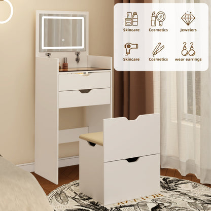 3-in-1 Multifunctional Vanity Desk Set, Flip-Up Mirror, 3-Color Lights, 2 Drawers, Hidden Storage Stool, Pink