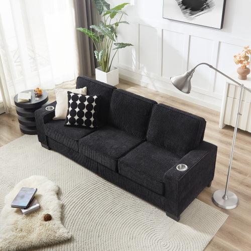 Black 83.86 inch  Corduroy 3Seater Compressed Sofa with Dual CupHolders
