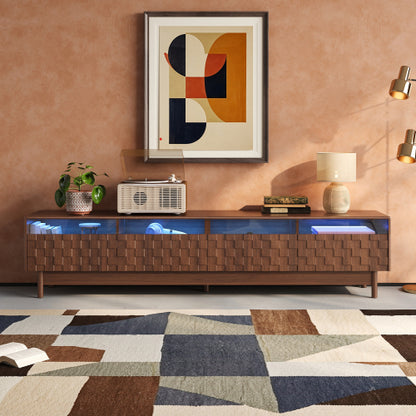 78.7 inch Walnut LED Light Glass Drawer TV Stand Solid Rubber Wood Leg Console Holds 85 inch TV