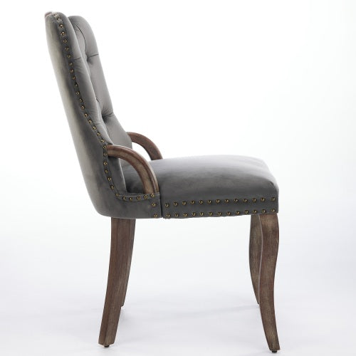 Set of 2 Gray Hand Tufted Velvet Dining Chairs, Solid Wood Handles Vintage Copper Nail Curved Wood Legs