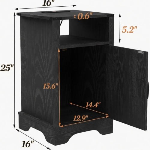 Set of 2 Farmhouse Nightstands with Charging Station, Black Storage Side Tables 16inch x 16inch x 25inch