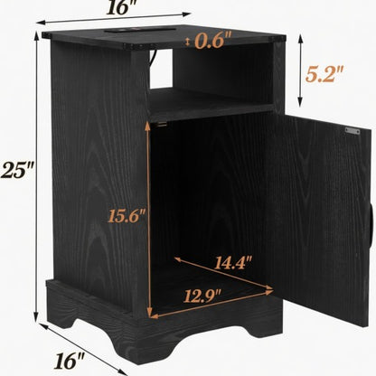 Set of 2 Farmhouse Nightstands with Charging Station, Black Storage Side Tables 16inch x 16inch x 25inch