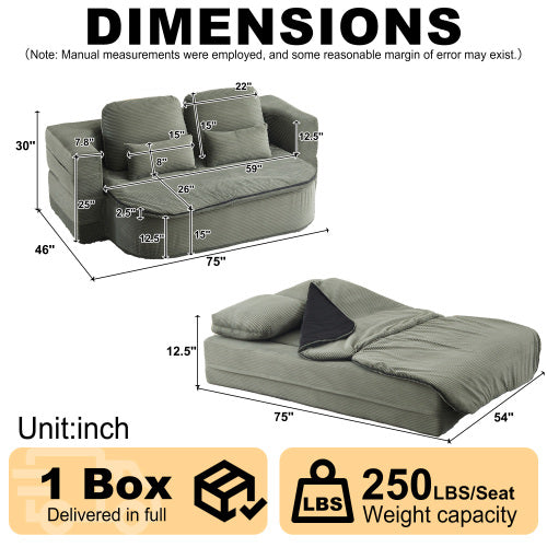 75 inch  Corduroy Convertible Floor Sofa Bed with Built-in Blanket & 4 Pillows