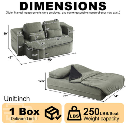 75 inch  Corduroy Convertible Floor Sofa Bed with Built-in Blanket & 4 Pillows