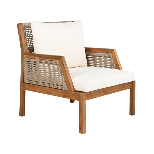 Acacia Wood Patio Furniture Club Chair, Outdoor Wicker Armchair, Deep Seating with Soft Cushions for Porch, Garden, Backyard, Balcony, Teak & Mix Brown & Cream
