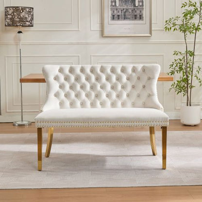 Velvet Double Dining Loveseat Bench, Kitchen & Dining Seating, 2-Seat Tufted Bench w/Handmade Buttons, Wing Back, Gold-Plated Steel Legs, Mid Century Modern,Single Pack,Beige