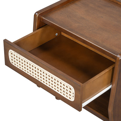 Walnut Nightstand with Rattan Detail, MDF + Solid Wood, Modern Bedroom Storage, Open Shelf & Drawer, Indoor Furniture
