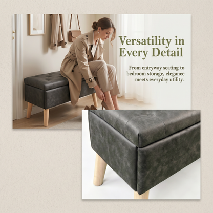 32 inch Square Storage Ottoman Bench with Built-in Tray, Upholstered Multi-Purpose Footrest, End of Bed Bench for Bedroom & Living Room
