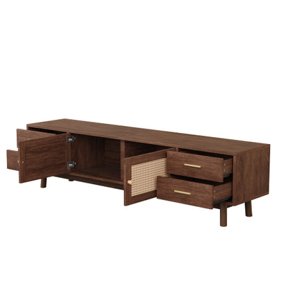 70.87 inch Dark Brown PE Rattan TV Stand 4 Drawer Pine Leg Media Console Fits Up To 80 Inch TV