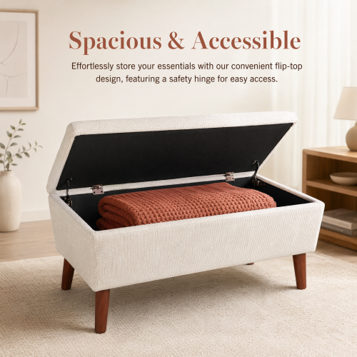 42 inch Linen Ottoman Bench with Solid Wood Legs, Modern Footrest Stool
