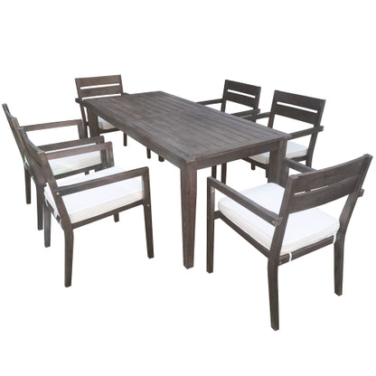 7 Pieces Acacia Wood Outdoor Dining Set with Cushions,Modern 6 Chairs and 1 Large Table, Dining Furniture Set for Lawn, Backyard, Garden Deck,Poolside