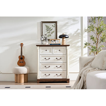 Farmhouse Style 5 Drawer Dresser Chest with Base Wooden Rustic Chest of Drawers, Storage Dresser Organizer for Bedroom, Living Room, Beautiful Sturdy and Durable