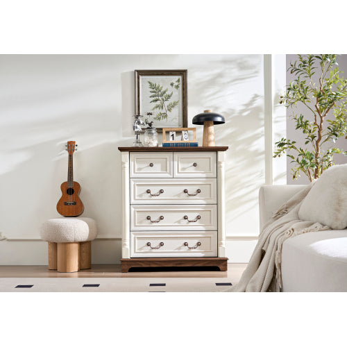 Farmhouse Style 5 Drawer Dresser Chest with Base Wooden Rustic Chest of Drawers, Storage Dresser Organizer for Bedroom, Living Room, Beautiful Sturdy and Durable
