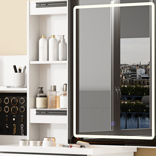 White Vanity Desk Set with Sliding Lighted Mirror, 4 Drawers & 9 Storage Spaces, Hidden Compartments, Cushioned Stool