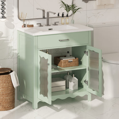 31" Bathroom Vanity with Tempered Glass, Modern Bathroom Cabinet with Rubber Wood legs and Soft close Doors, Green