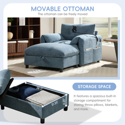37 inch  Chenille Single Armchair, Storage Ottoman, USB-C Charger & Phone Holder