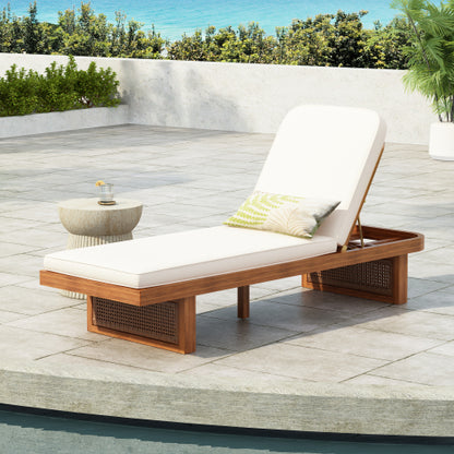 Outdoor Lounge Chair - Acacia Wood  PE Rattan Design with White Cushion