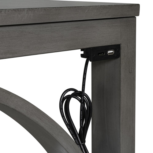 3-Piece Gray Farmhouse Set with USB & Type-C, Table & 2 Stools