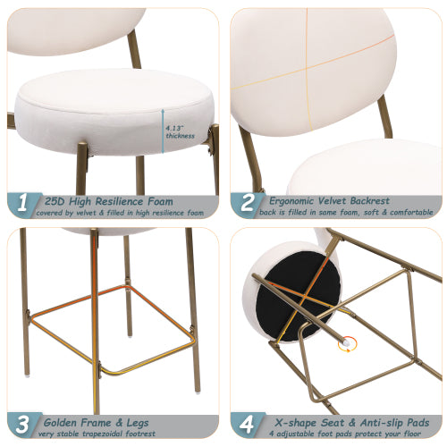 29inch  Upholstered Bar Stools Velvet Counter Stool with Backrest & Footrest Set of 2 Round Dining Chairs for Kitchen(Creamy White)