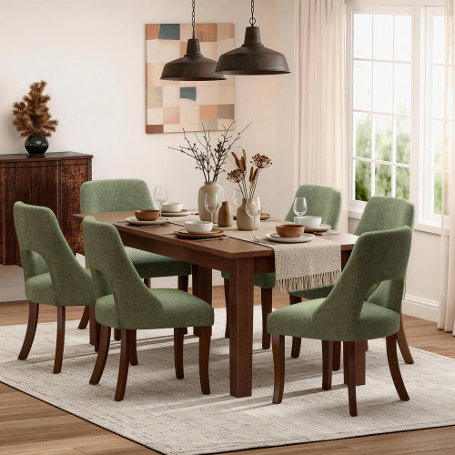 Set of 2 Green Tufted Chenille Dining Chairs, Curved Rubberwood Legs 300lbs Capacity Space Saving Design