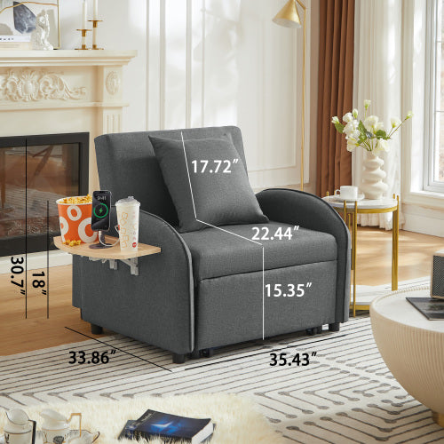 Dark-Gray 3-in-1 Convertible Sleeper Chair, Adjustable Backrest, USB-C & Foldable Table