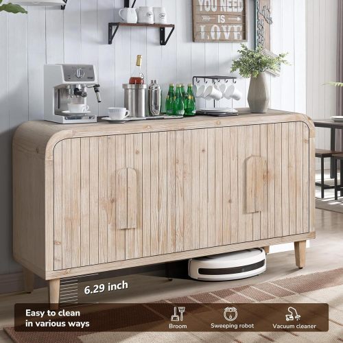 59'' Farmhouse Curved Vintage Storage Sideboard with Adjustable Shelves (Natural Wood Washed)