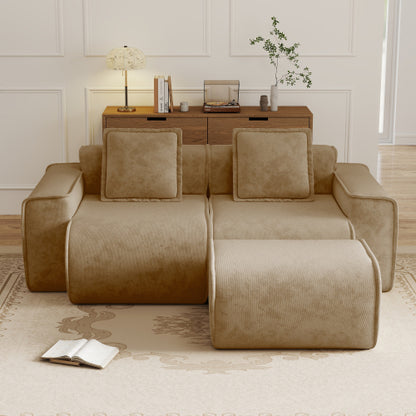 Brown Velvet 2-Seat L-Shape Modular Boneless Sofa, Ottoman & Pillows