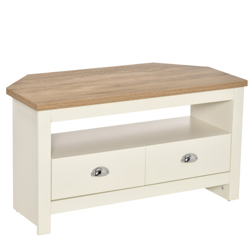 37.5 Inch White Trapezoidal Corner TV Stand for 50 Inch TV with Drawers & Open Compartment