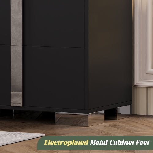 Modern End Table with Drawers, Elegant Nightstand with Metal Foot,Wood Bedside Table with Mirrored Metal Handles,Sofa Side End Table for Bedroom Living Room Office,Black