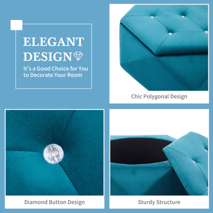 Blue Velvet Polygon Diamond Tufted Storage Ottoman, 34 inchL Lift Top Footrest with Hidden Storage Space