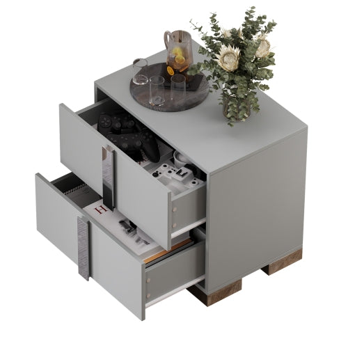 Modern End Table with Drawers, Elegant Nightstand with Metal Foot,Wood Bedside Table with Mirrored Metal Handles,Sofa Side End Table for Bedroom Living Room Office,Grey