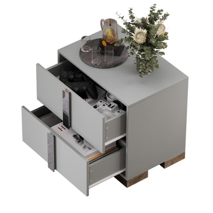 Modern End Table with Drawers, Elegant Nightstand with Metal Foot,Wood Bedside Table with Mirrored Metal Handles,Sofa Side End Table for Bedroom Living Room Office,Grey