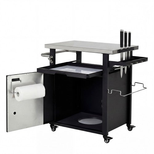 39.5 inch Outdoor Grill Cart with Storage Cabinet, Outdoor Bar Cart Pizza Oven Table with Wheels, Stainless Steel Top, Outdoor Kitchen Island with Spice & Paper Rack for BBQ, Waterproof Cover Included
