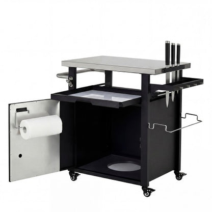 39.5 inch Outdoor Grill Cart with Storage Cabinet, Outdoor Bar Cart Pizza Oven Table with Wheels, Stainless Steel Top, Outdoor Kitchen Island with Spice & Paper Rack for BBQ, Waterproof Cover Included