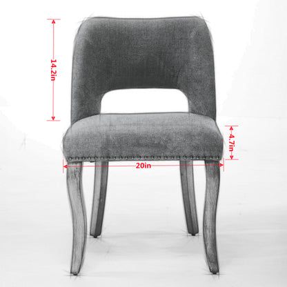 Set of 2 Beige Hollow Curved Enveloping Back Fabric Dining Chairs, Handmade Copper Nail Curved Solid Wood Legs