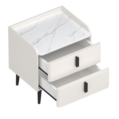 Nightstand with 2 Drawers, Night Stand with Marble-Pattern Tabletop, Modern Beside Table for Bedroom, End Table for Living Room, White
