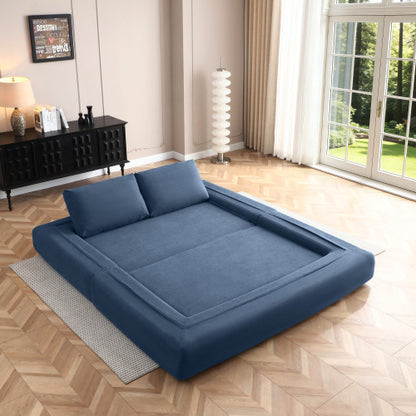 81 inch  Blue Corduroy 3-in-1 Boneless Convertible Floor Sofa-Bed with Pillows