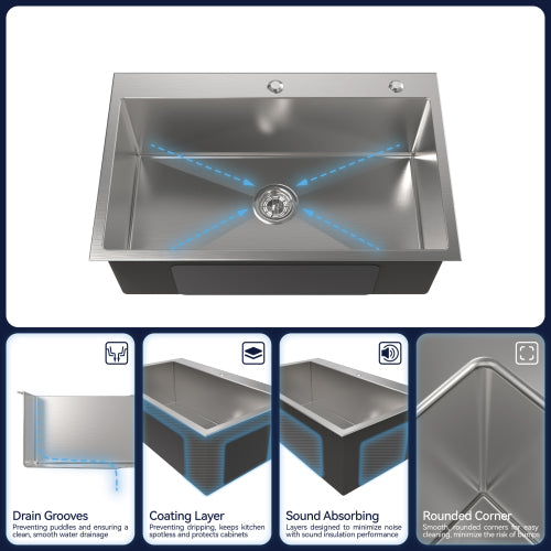 tainless Steel Kitchen Sink, 30″x19″ Single Bowl, Overmount Handmade Sink in Brushed Nickel, with US Standard Drain and Hook, LS-SSBR04