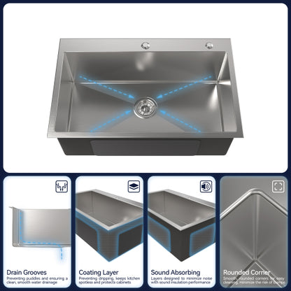 tainless Steel Kitchen Sink, 30″x19″ Single Bowl, Overmount Handmade Sink in Brushed Nickel, with US Standard Drain and Hook, LS-SSBR04