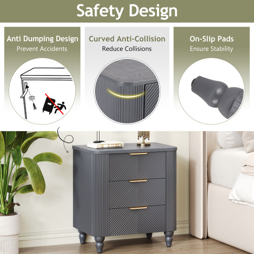 Mid-Century Fluted 3 Drawers Nightstand, Bedside Table with Curved Profile Design and Wide Gold Glossy Handles, End Table for Living Room, Bedroom, Easy Assembly, Dark Gray