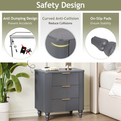 Mid-Century Fluted 3 Drawers Nightstand, Bedside Table with Curved Profile Design and Wide Gold Glossy Handles, End Table for Living Room, Bedroom, Easy Assembly, Dark Gray