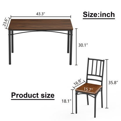 4-Piece Walnut Industrial Dining Set, Table & 4 PU Benches