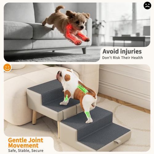 Light Grey 2-in-1 Foldable Wooden Pet Ottoman Dog Stairs, Anti-Slip Pet Ramp for Puppies & Small Dogs